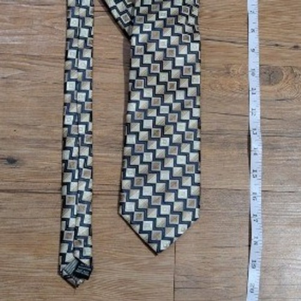 Boca Classics Mens Geometric Square Zigzag Pattern Necktie Gold Tan Navy Blue